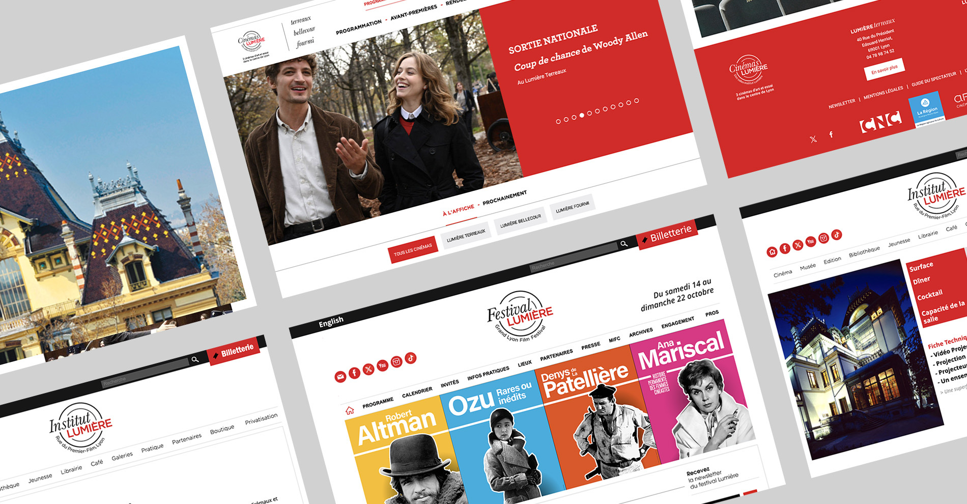Mockup des sites internet d'Institut Lumière, Cinémas Lumière et du Festival Lumière